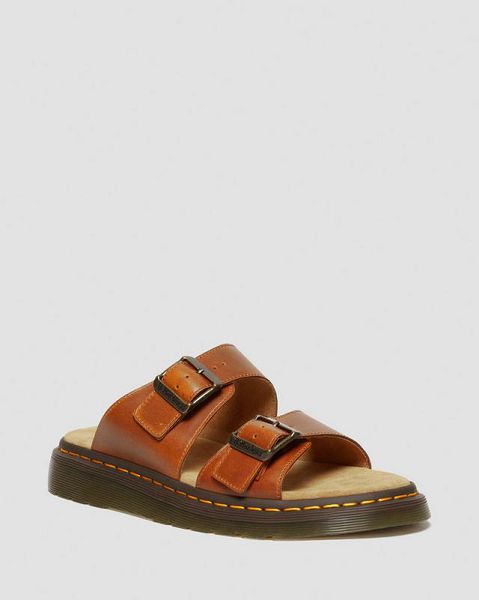 Dr Martens Josef Analine Leather Buckle Men Slide Sandals Brown | USA-304158