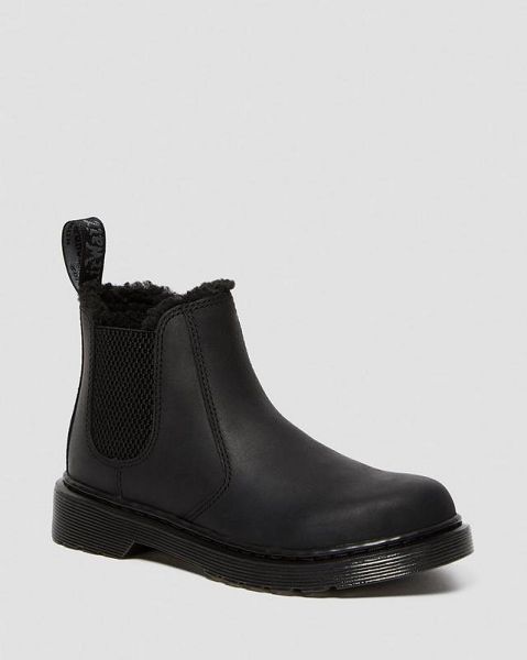 Dr Martens Junior 2976 Leonore Faux Fur Lined Kids\' Chelsea Boots Black | USA-432710