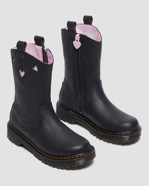 Dr Martens Junior Heart Nappa Patent Leather Kids' Pull On Boots Black / Pink | USA-748103