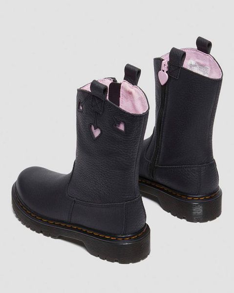 Dr Martens Junior Heart Nappa Patent Leather Kids' Pull On Boots Black / Pink | USA-748103