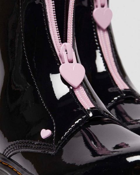 Dr Martens Junior Heart Nappa Patent Leather Kids' Pull On Boots Black / Pink | USA-249857