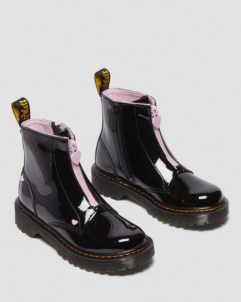 Dr Martens Junior Heart Nappa Patent Leather Kids' Pull On Boots Black / Pink | USA-249857