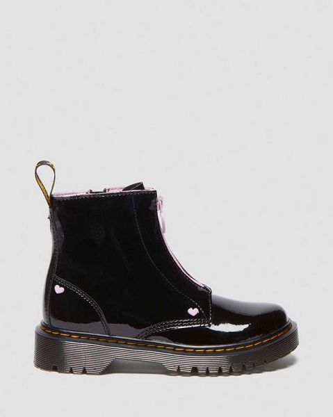 Dr Martens Junior Heart Nappa Patent Leather Kids' Pull On Boots Black / Pink | USA-249857