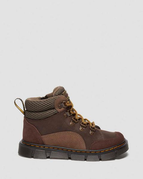 Dr Martens Junior Raffe Panel Leather Kids' Lace Up Boots Dark Brown / Khaki | USA-31785