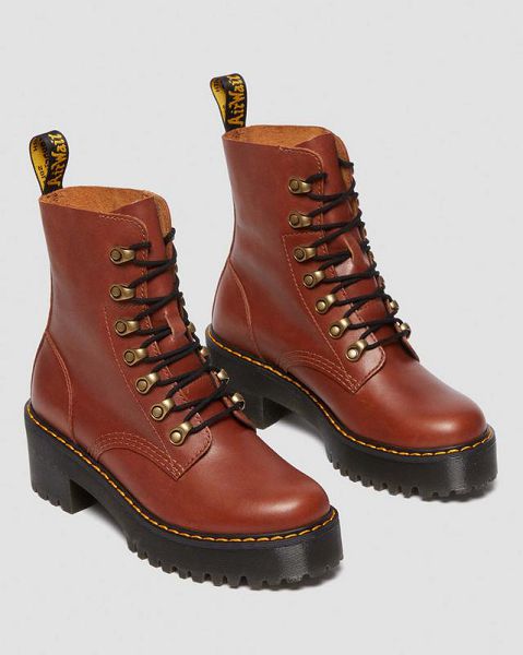 Dr Martens Leona Farrier Leather Women Heeled Boots Brown | USA-298713