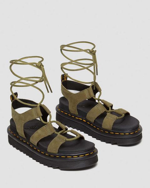 Dr Martens Nartilla Tumbled Nubuck Leather Women Gladiator Sandals Olive | USA-629173