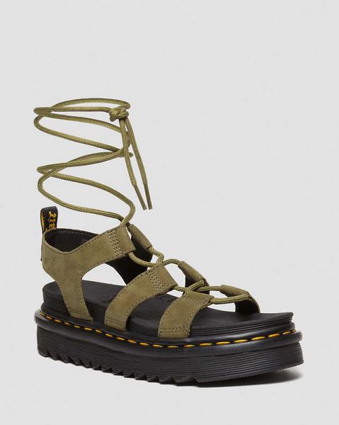 Dr Martens Nartilla Tumbled Nubuck Leather Women Gladiator Sandals Olive | USA-629173