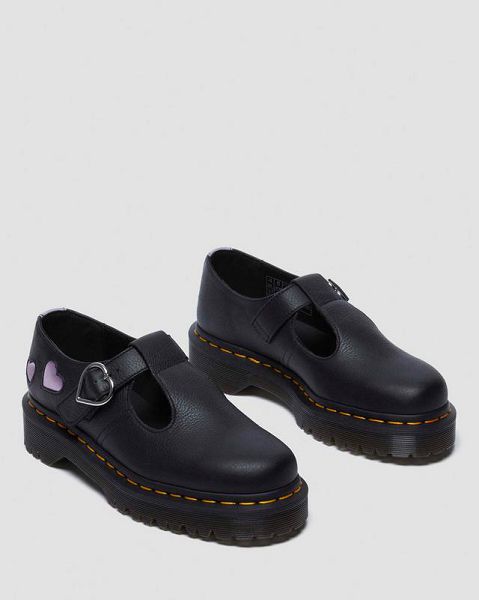 Dr Martens Polley Heart Virgina Satin Women Mary Jane Shoes Black / Lavender / Purple | USA-416098