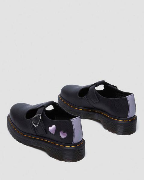 Dr Martens Polley Heart Virgina Satin Women Mary Jane Shoes Black / Lavender / Purple | USA-416098