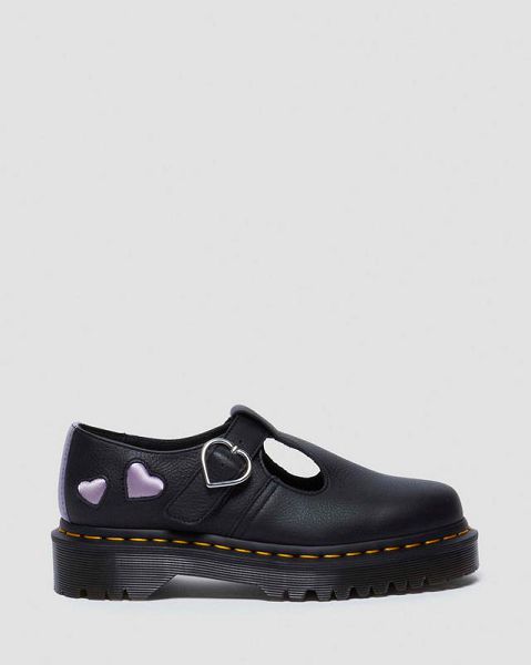 Dr Martens Polley Heart Virgina Satin Women Mary Jane Shoes Black / Lavender / Purple | USA-416098