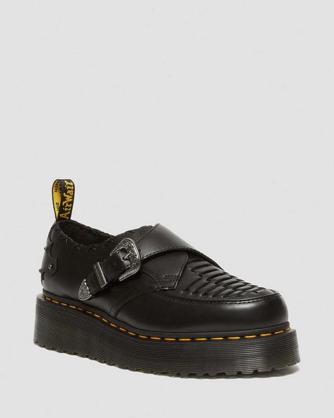 Dr Martens Ramsey Woven Smooth Leather Men Platform Shoes Black | USA-78915