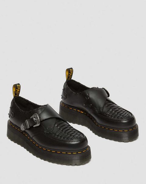 Dr Martens Ramsey Woven Smooth Leather Women Platform Shoes Black | USA-86725