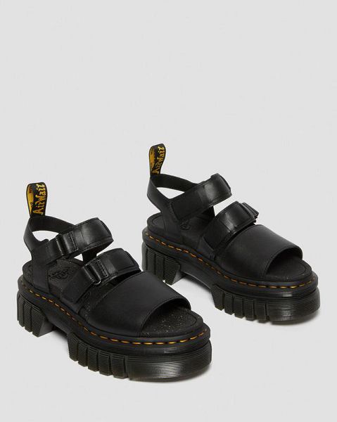 Dr Martens Ricki Nappa Lux Leather 3-Strap Women Platform Sandals Black | USA-468205