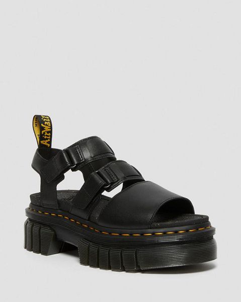 Dr Martens Ricki Nappa Lux Leather 3-Strap Women Platform Sandals Black | USA-468205