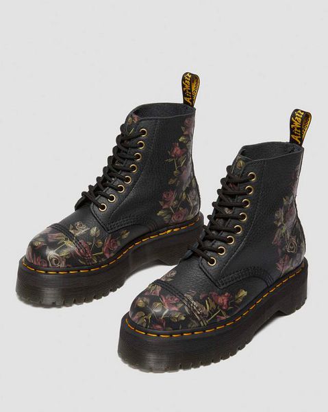 Dr Martens Sinclair Decayed Roses Leather Women Platform Boots Black | USA-185794