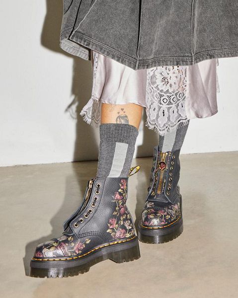 Dr Martens Sinclair Decayed Roses Leather Women Platform Boots Black | USA-185794