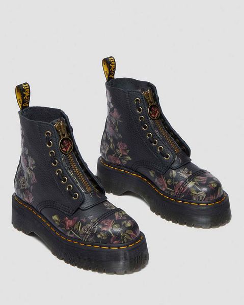 Dr Martens Sinclair Decayed Roses Leather Women Platform Boots Black | USA-185794