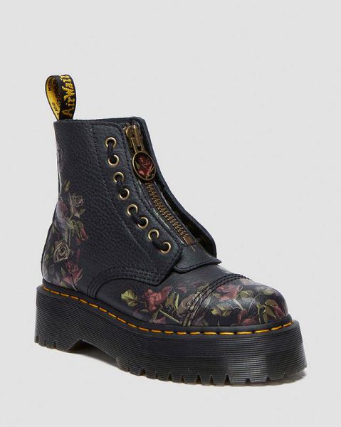 Dr Martens Sinclair Decayed Roses Leather Women Platform Boots Black | USA-185794