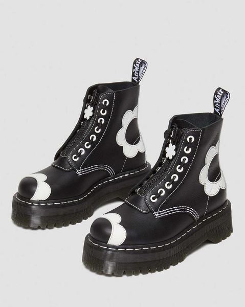 Dr Martens Sinclair Flower Pisa Leather Women Platform Boots Black / White | USA-126748