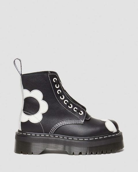 Dr Martens Sinclair Flower Pisa Leather Women Platform Boots Black / White | USA-126748