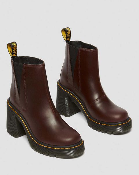 Dr Martens Spence Pull Up Leather Flared Heel Women Chelsea Boots Dark Brown | USA-250463