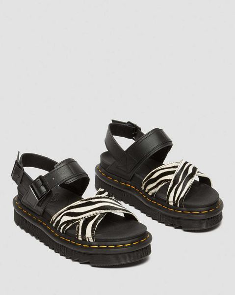 Dr Martens Voss II Hair-On Zebra Print Women Sandals Black | USA-816234